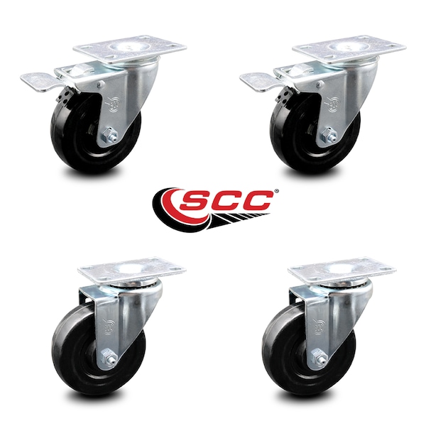 4 Inch Hard Rubber Wheel Swivel Top Plate Caster Total Lock Brakes SCC, 2PK